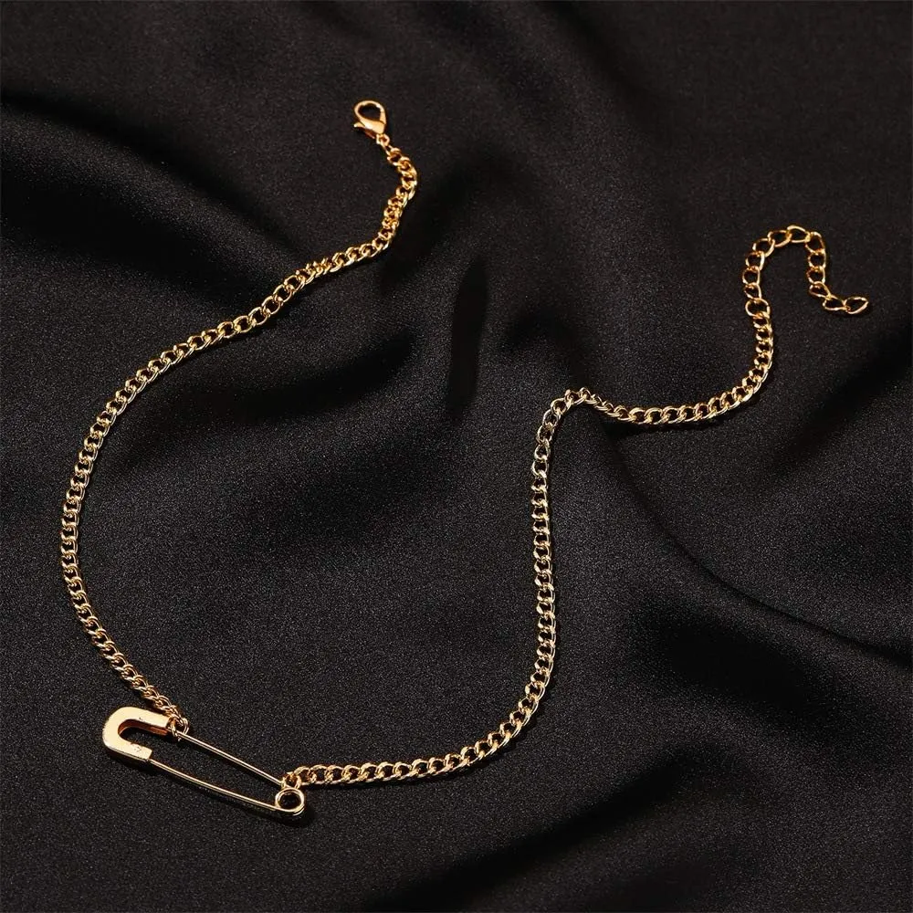 Safety Pin Necklace for Women Sparkling Crystal Dainty 18K Gold Plated Necklace Simple Safety Pin Pendant Link Chain Necklace Trendy Cute Gold Necklaces Jewelry