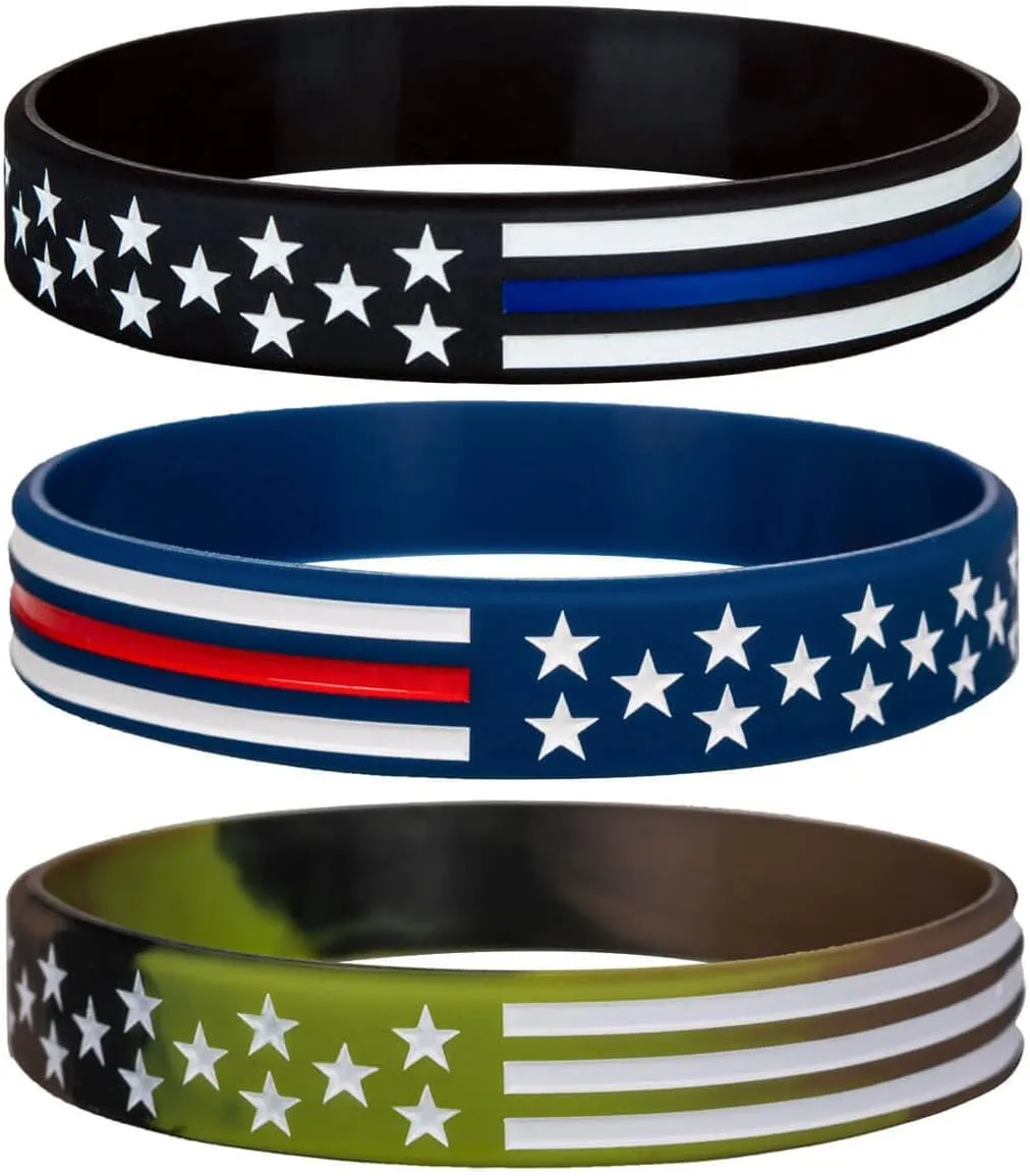 Sainstone American Flag Silicone Bracelets with Thin Blue Line American Flag Black, Red Line American Flag Blue and White Line American Flag Army Green for Patriots, Army, Men, Women