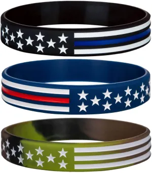 Sainstone American Flag Silicone Bracelets with Thin Blue Line American Flag Black, Red Line American Flag Blue and White Line American Flag Army Green for Patriots, Army, Men, Women