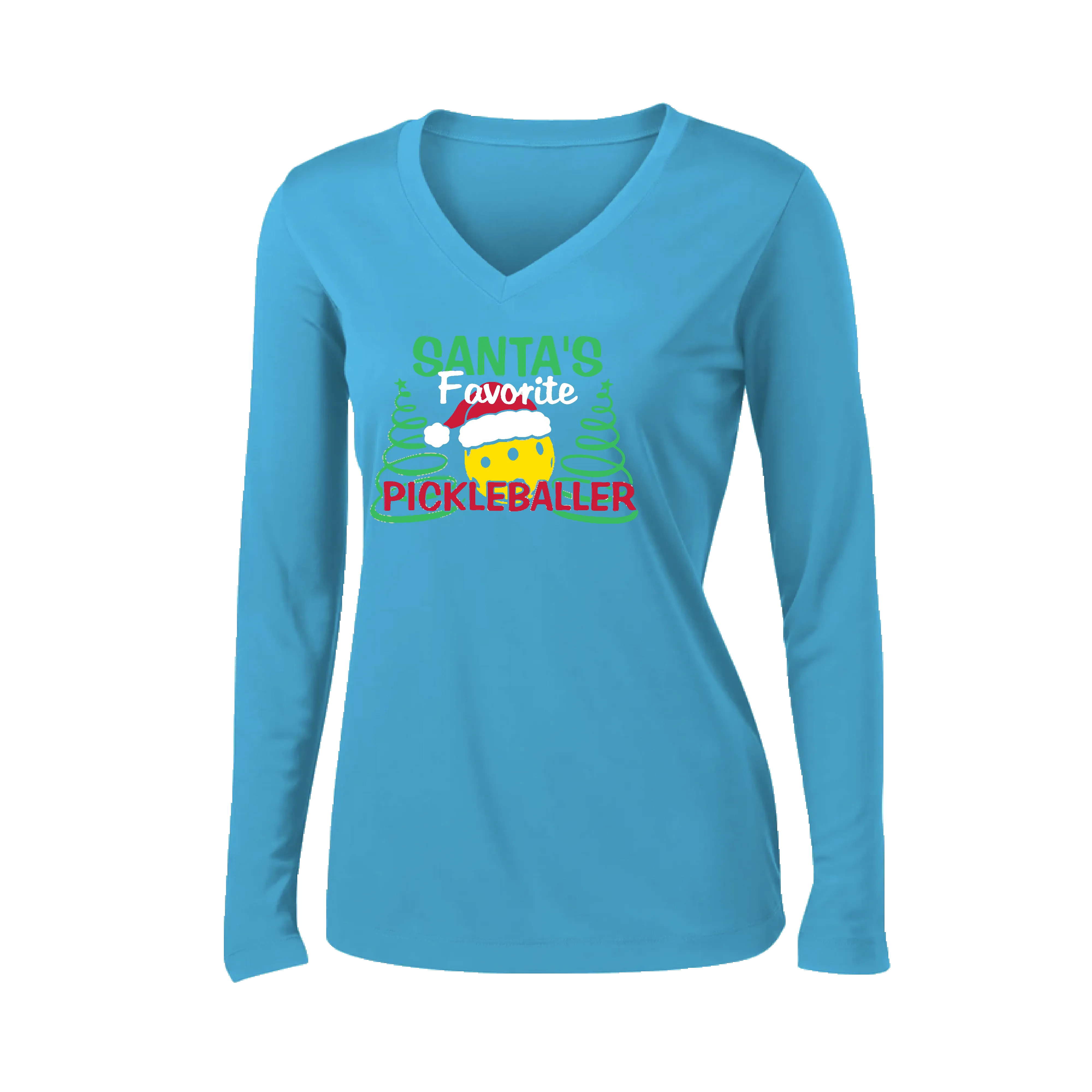 Santa's Favorite Pickleballer | Women’s Long Sleeve V-Neck Pickleball Shirt | 100% Polyester