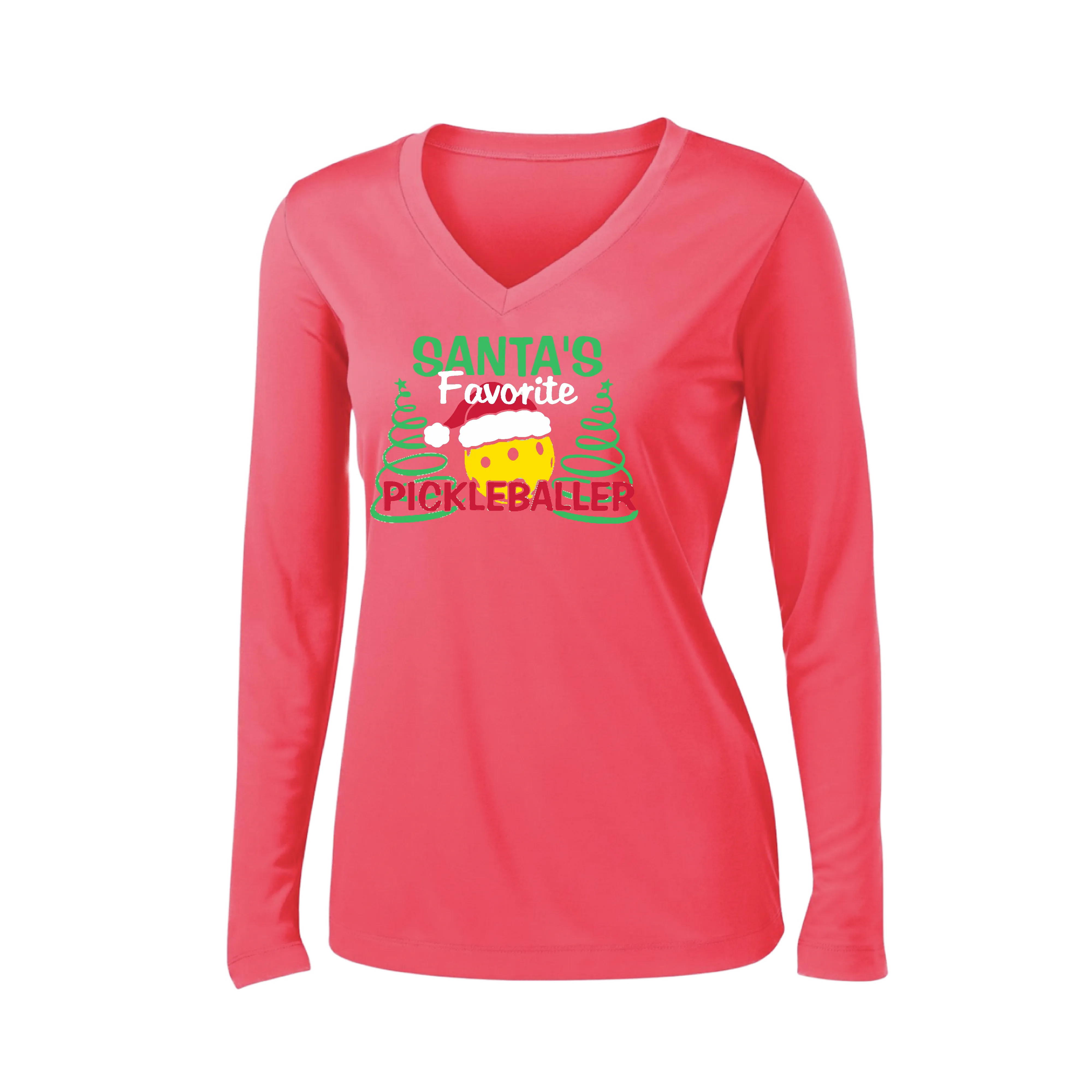 Santa's Favorite Pickleballer | Women’s Long Sleeve V-Neck Pickleball Shirt | 100% Polyester