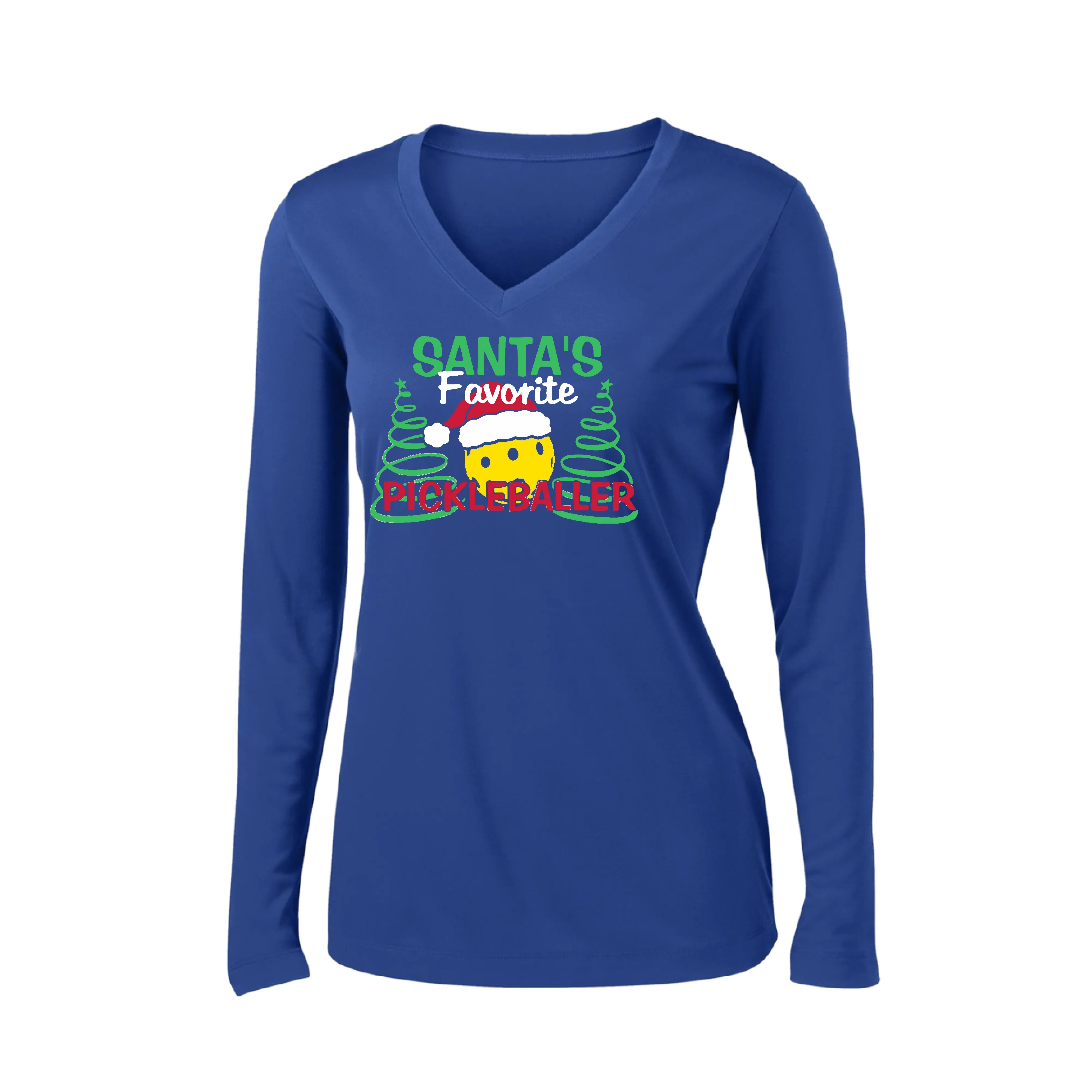 Santa's Favorite Pickleballer | Women’s Long Sleeve V-Neck Pickleball Shirt | 100% Polyester
