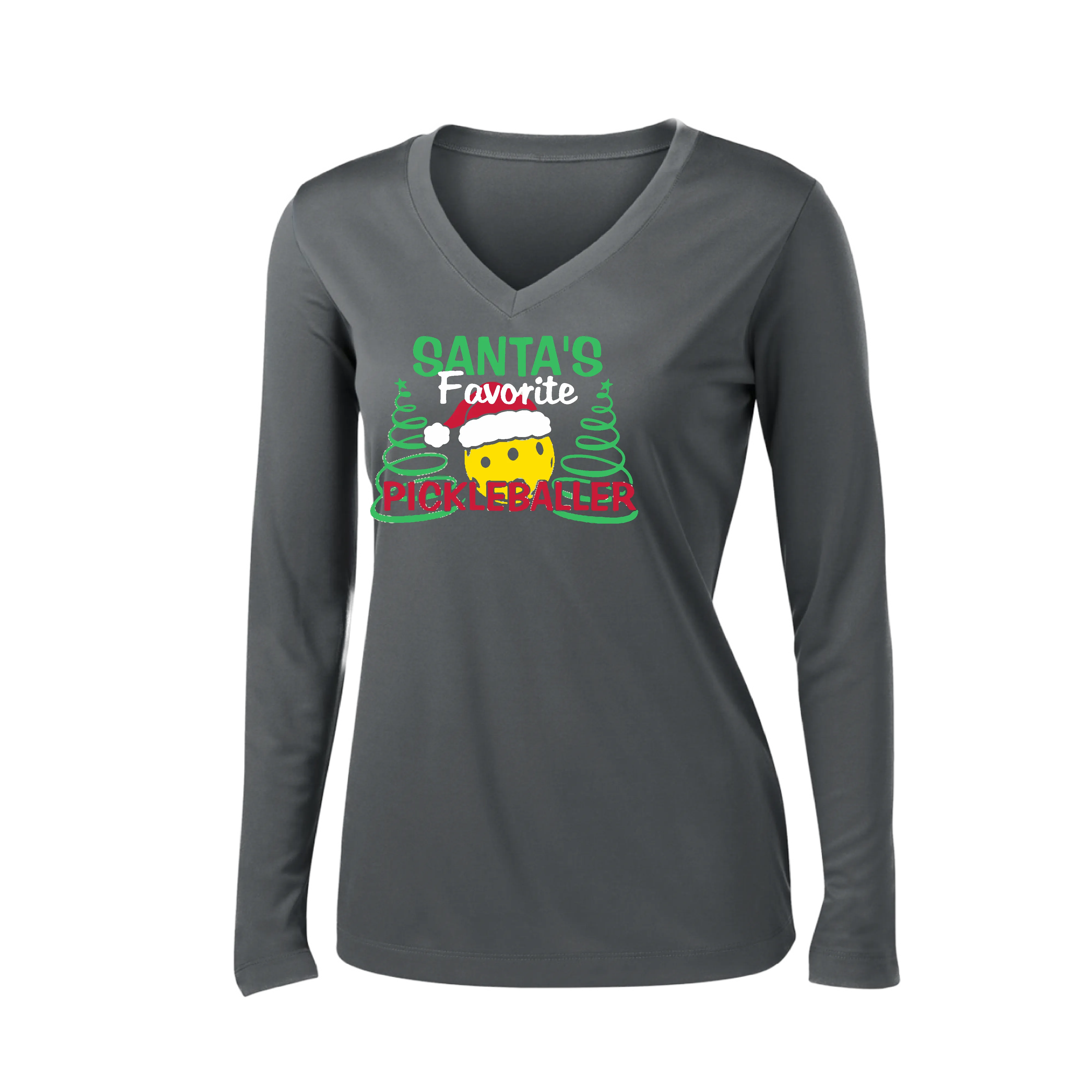 Santa's Favorite Pickleballer | Women’s Long Sleeve V-Neck Pickleball Shirt | 100% Polyester
