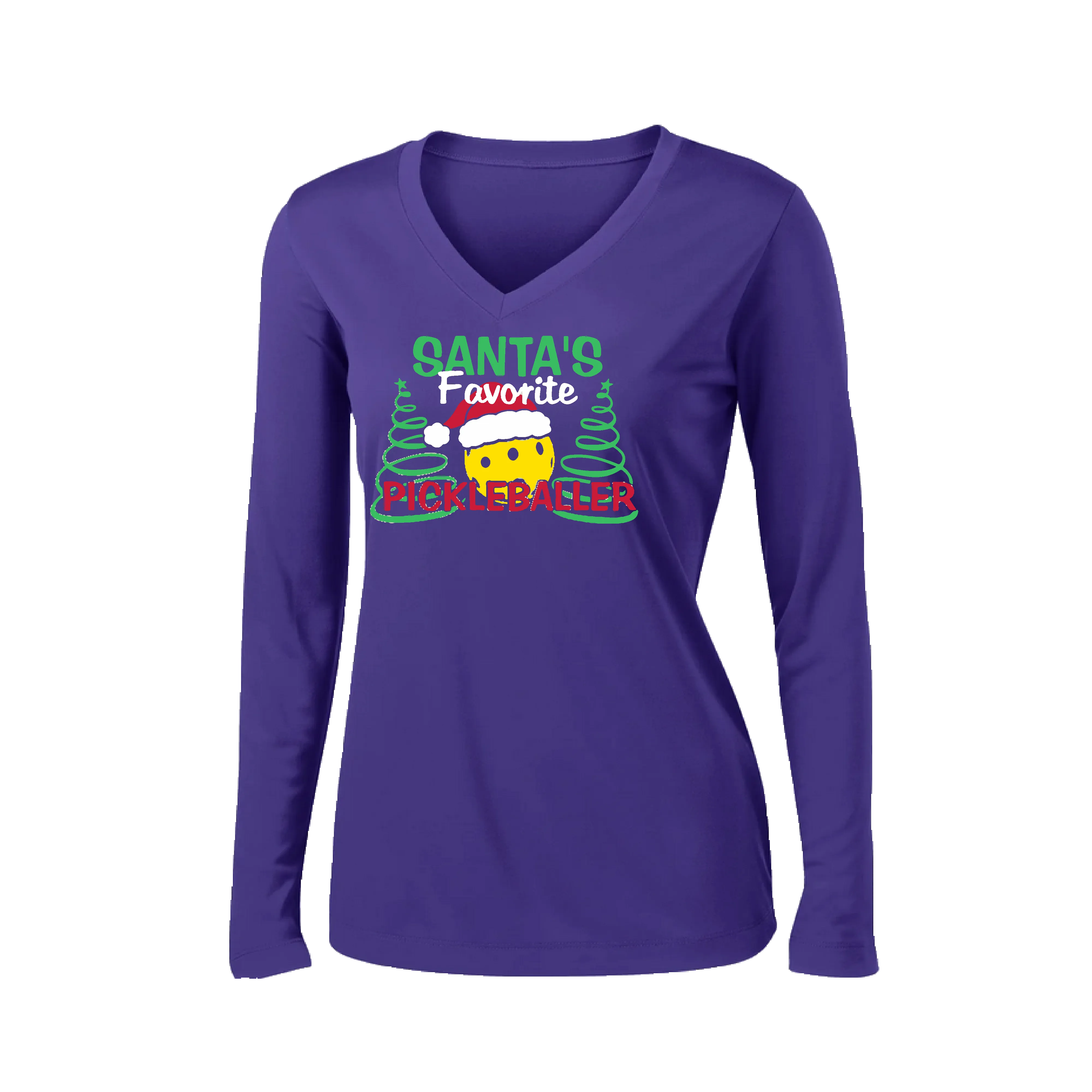 Santa's Favorite Pickleballer | Women’s Long Sleeve V-Neck Pickleball Shirt | 100% Polyester