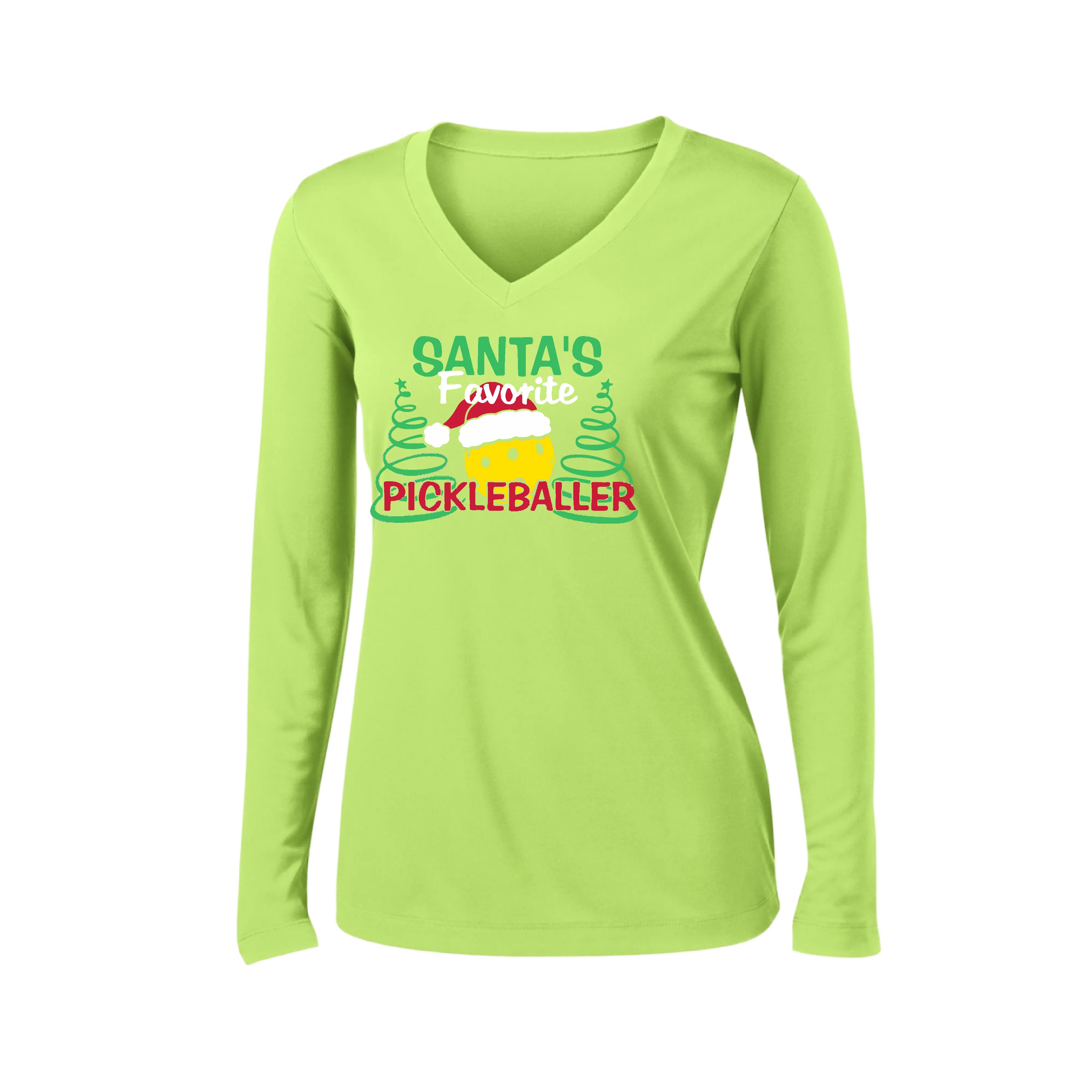 Santa's Favorite Pickleballer | Women’s Long Sleeve V-Neck Pickleball Shirt | 100% Polyester