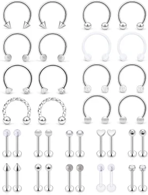 SCERRING 16g Lip Rings Stainless Steel Horseshoe Labret Monroe Lip Rings Nail Tragus Helix Earrings Studs Ring Medusa Piercing Jewelry 8mm 36PCS