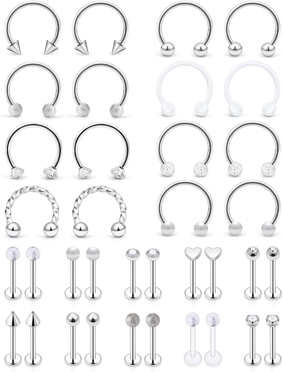 SCERRING 16g Lip Rings Stainless Steel Horseshoe Labret Monroe Lip Rings Nail Tragus Helix Earrings Studs Ring Medusa Piercing Jewelry 8mm 36PCS