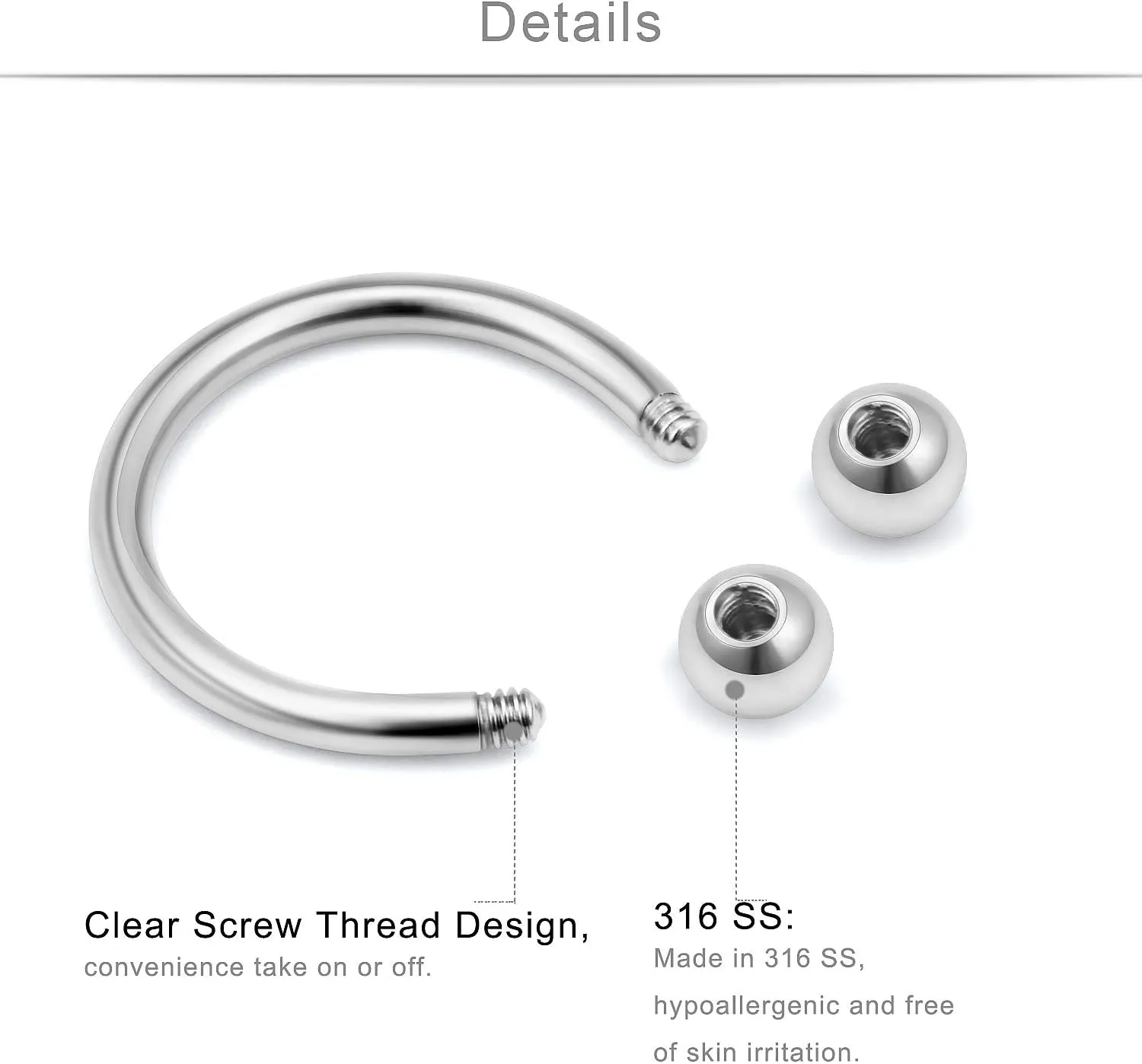 SCERRING 16g Lip Rings Stainless Steel Horseshoe Labret Monroe Lip Rings Nail Tragus Helix Earrings Studs Ring Medusa Piercing Jewelry 8mm 36PCS