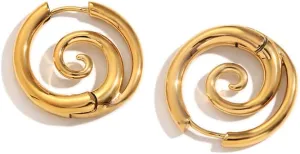 Sea Wave Spiral Hoop Earrings for Women Stainless Steel 18K Golden Plated Swirl Chunky Round Huggie Hoops Earring Fashion Birthday Jewelry Gifts Holiday