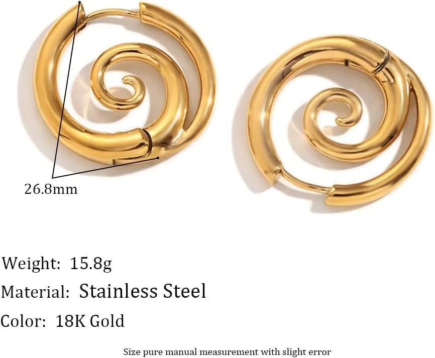 Sea Wave Spiral Hoop Earrings for Women Stainless Steel 18K Golden Plated Swirl Chunky Round Huggie Hoops Earring Fashion Birthday Jewelry Gifts Holiday
