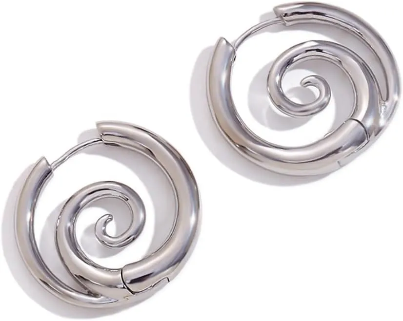 Sea Wave Spiral Hoop Earrings for Women Stainless Steel 18K Golden Plated Swirl Chunky Round Huggie Hoops Earring Fashion Birthday Jewelry Gifts Holiday