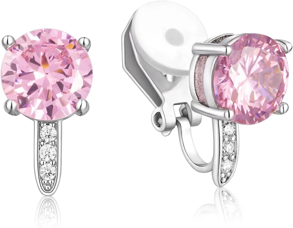 SELOVO 8MM Cubic Zirconia with Small Cz Clip On Stud Earrings Non Pierced Earrings for Women