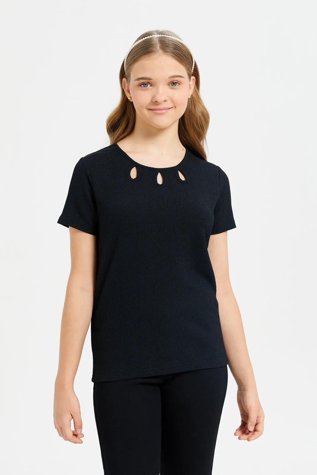 Senior Girls Pink Jacquard With Cut-Out On Neck Top