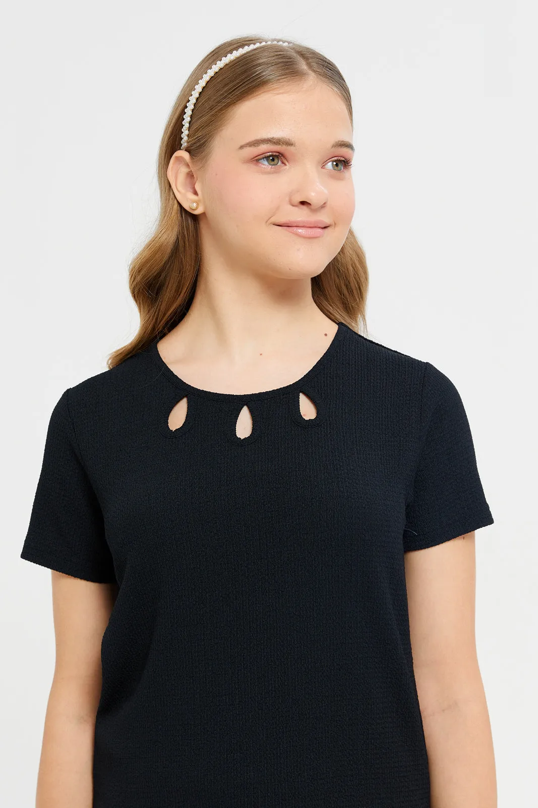 Senior Girls Pink Jacquard With Cut-Out On Neck Top
