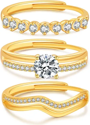 Senteria 3Pcs Gold Rings For Women Non Tarnish Stackable Rings For Women Adjustable 14K Gold Plated Rings set with Cubic Zirconia Thumb Ring Set for Statement Promise Wedding Engagement