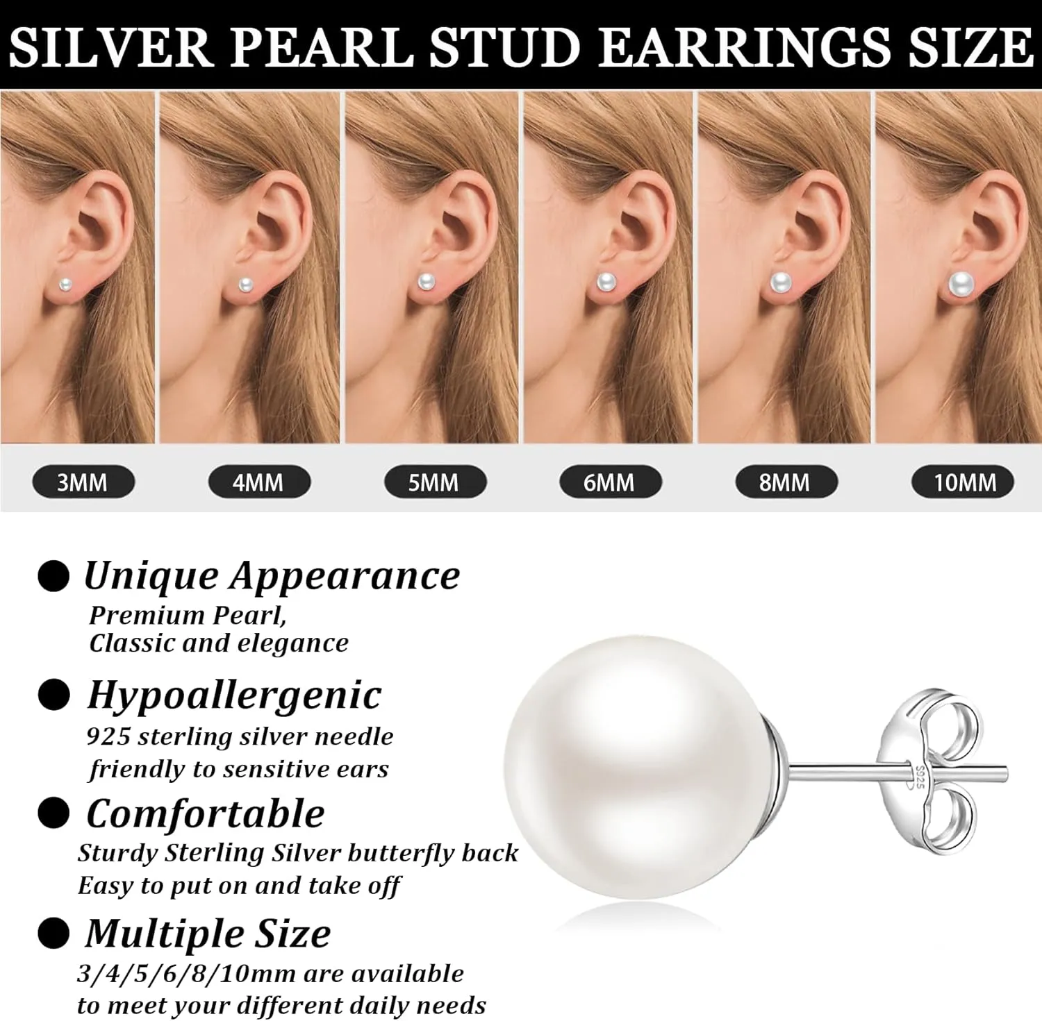 Senteria 925 Sterling Silver Pearl Earrings Studs Set Hypoallergenic Small Stud Earrings Lightweight Shiny Earrings Studs for Women 6 Pairs 3-10MM