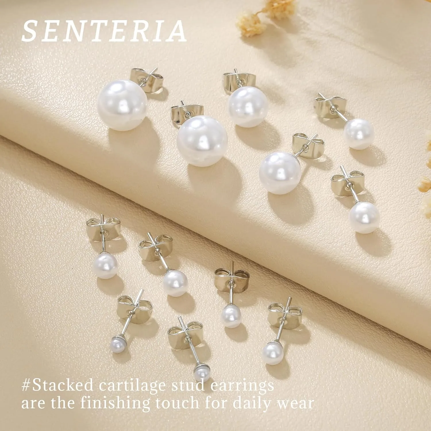 Senteria 925 Sterling Silver Pearl Earrings Studs Set Hypoallergenic Small Stud Earrings Lightweight Shiny Earrings Studs for Women 6 Pairs 3-10MM