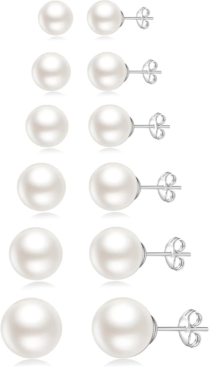 Senteria 925 Sterling Silver Pearl Earrings Studs Set Hypoallergenic Small Stud Earrings Lightweight Shiny Earrings Studs for Women 6 Pairs 3-10MM