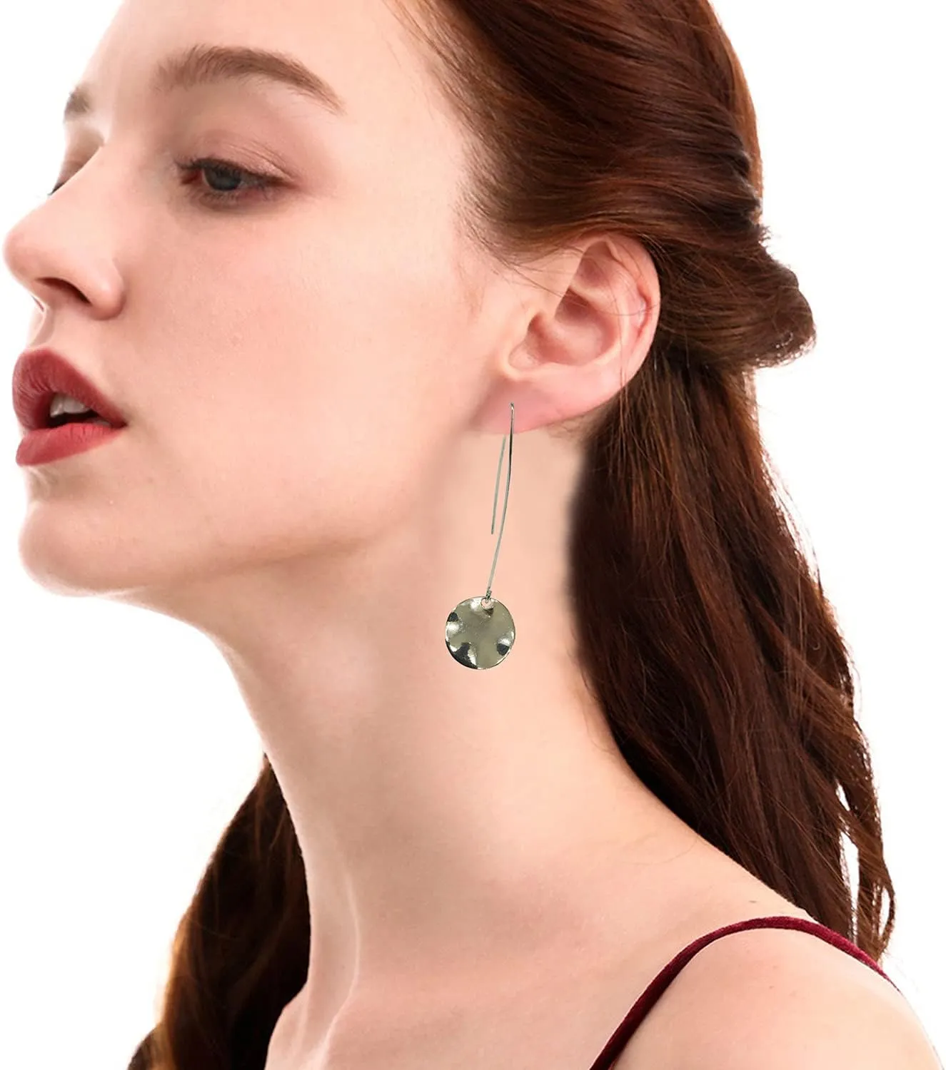 Shiny Hammering Circle Disc Small Dangle Earrings Long Hoops Round Jewelry for Women