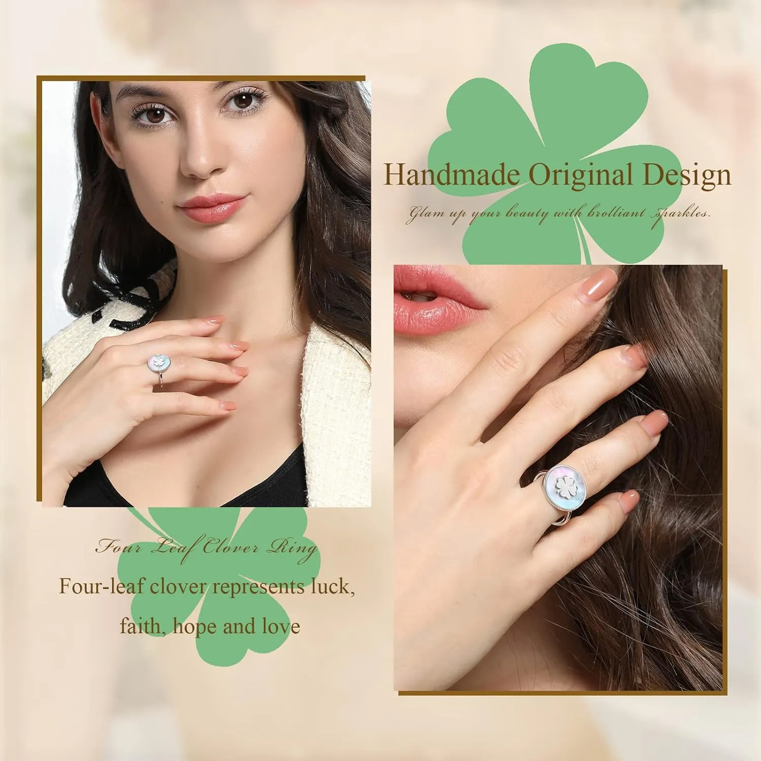 Signet Rings for Women Unique Rings for Women Four Leaf Clover Rings Natural Mother of Pearl Rings 925 Sterling Silver 14K Gold Plated Jewelry Gift for Women Girls Wife