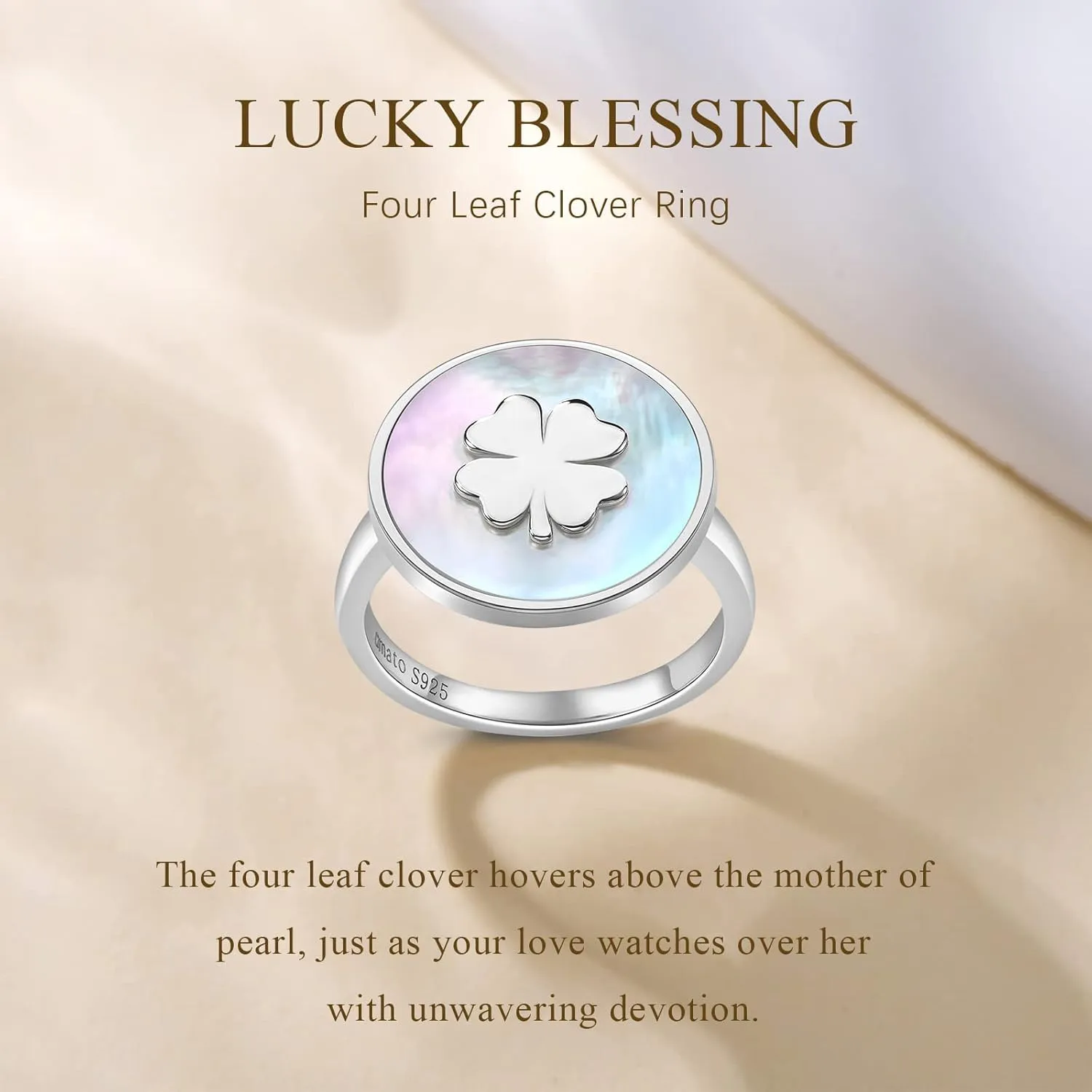 Signet Rings for Women Unique Rings for Women Four Leaf Clover Rings Natural Mother of Pearl Rings 925 Sterling Silver 14K Gold Plated Jewelry Gift for Women Girls Wife