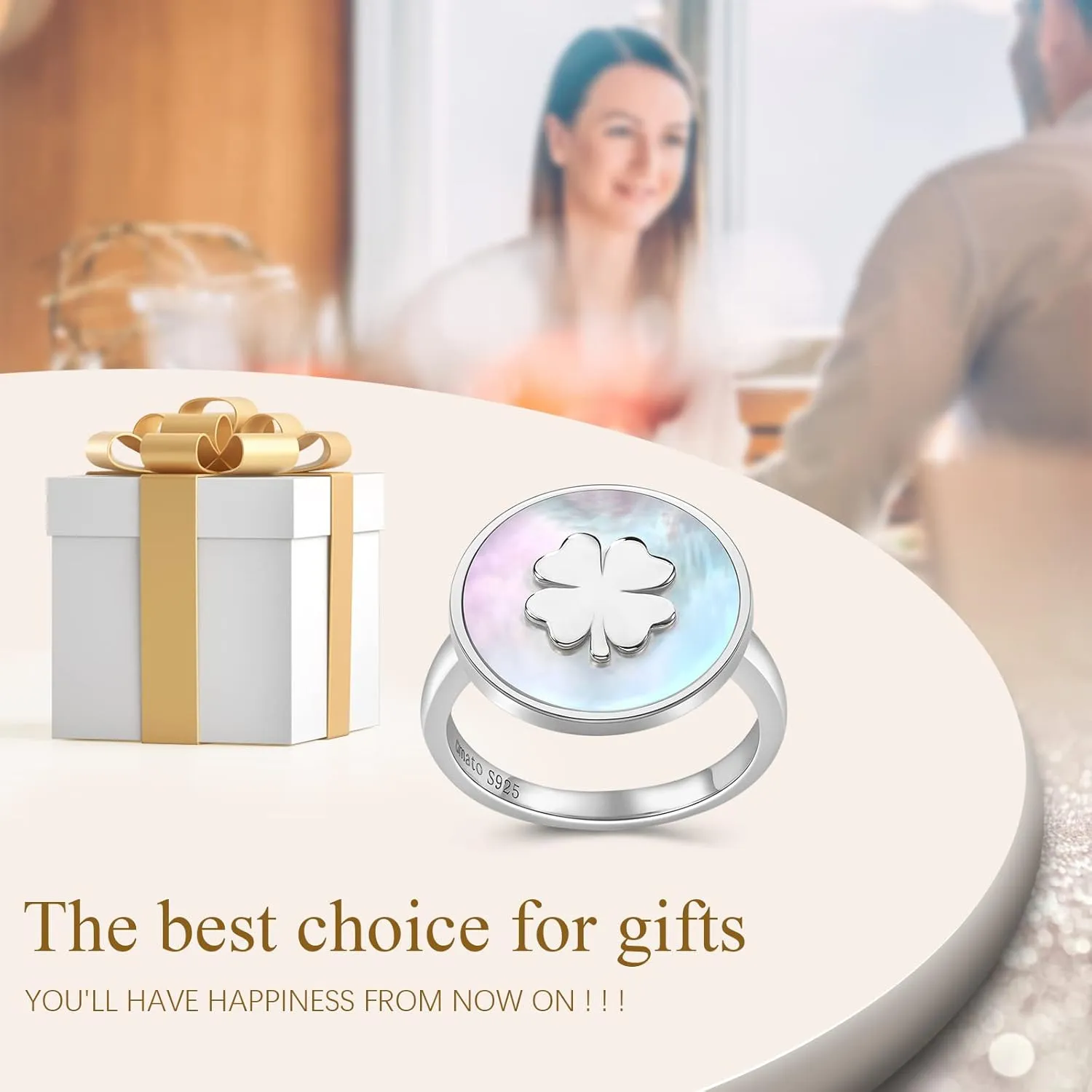 Signet Rings for Women Unique Rings for Women Four Leaf Clover Rings Natural Mother of Pearl Rings 925 Sterling Silver 14K Gold Plated Jewelry Gift for Women Girls Wife