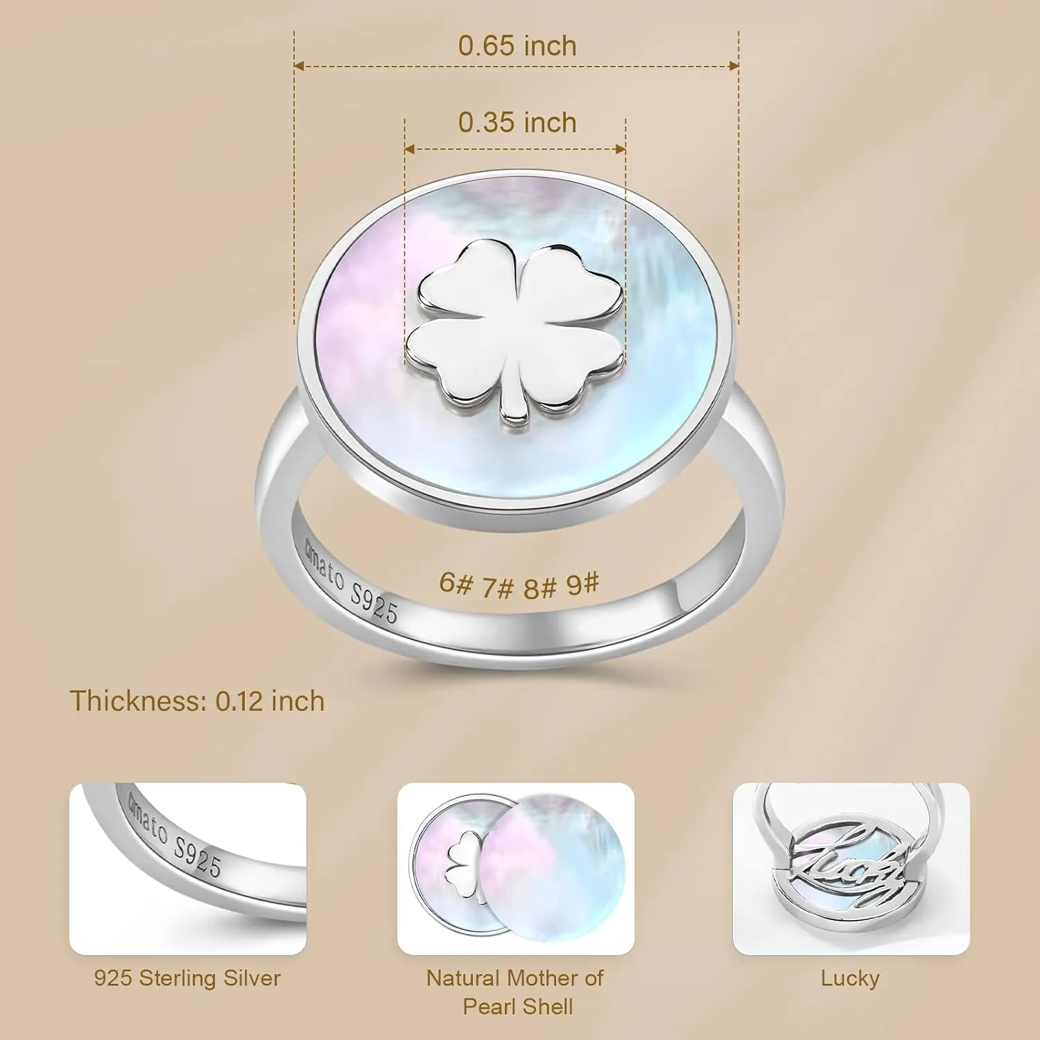 Signet Rings for Women Unique Rings for Women Four Leaf Clover Rings Natural Mother of Pearl Rings 925 Sterling Silver 14K Gold Plated Jewelry Gift for Women Girls Wife