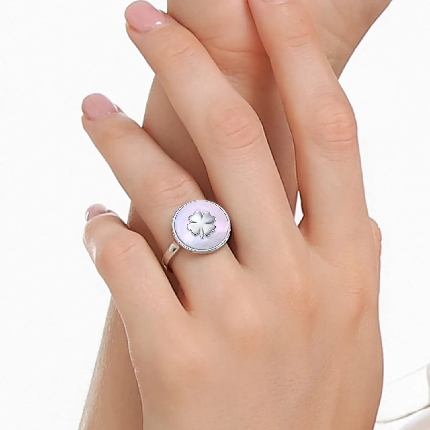 Signet Rings for Women Unique Rings for Women Four Leaf Clover Rings Natural Mother of Pearl Rings 925 Sterling Silver 14K Gold Plated Jewelry Gift for Women Girls Wife