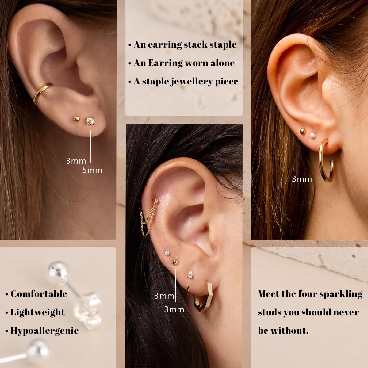 Silver Stud Earrings for Women Hypoallergenic 925 Sterling Silver Pearl Earrings Cubic Zirconia Ball Stud Earrings Set Dainty Earring Sets for Multiple Piercing
