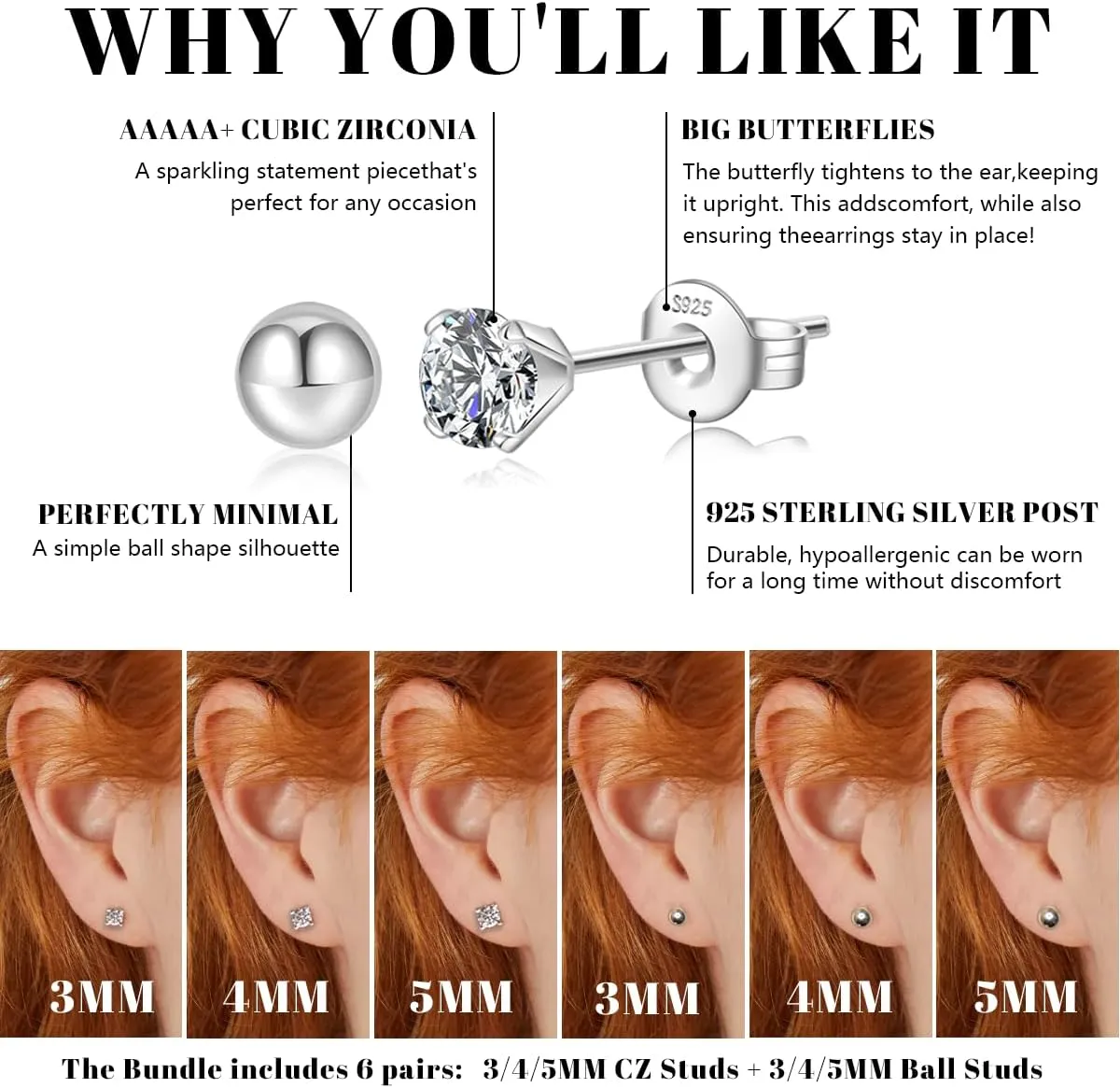 Silver Stud Earrings for Women Hypoallergenic 925 Sterling Silver Pearl Earrings Cubic Zirconia Ball Stud Earrings Set Dainty Earring Sets for Multiple Piercing