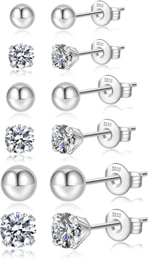 Silver Stud Earrings for Women Hypoallergenic 925 Sterling Silver Pearl Earrings Cubic Zirconia Ball Stud Earrings Set Dainty Earring Sets for Multiple Piercing