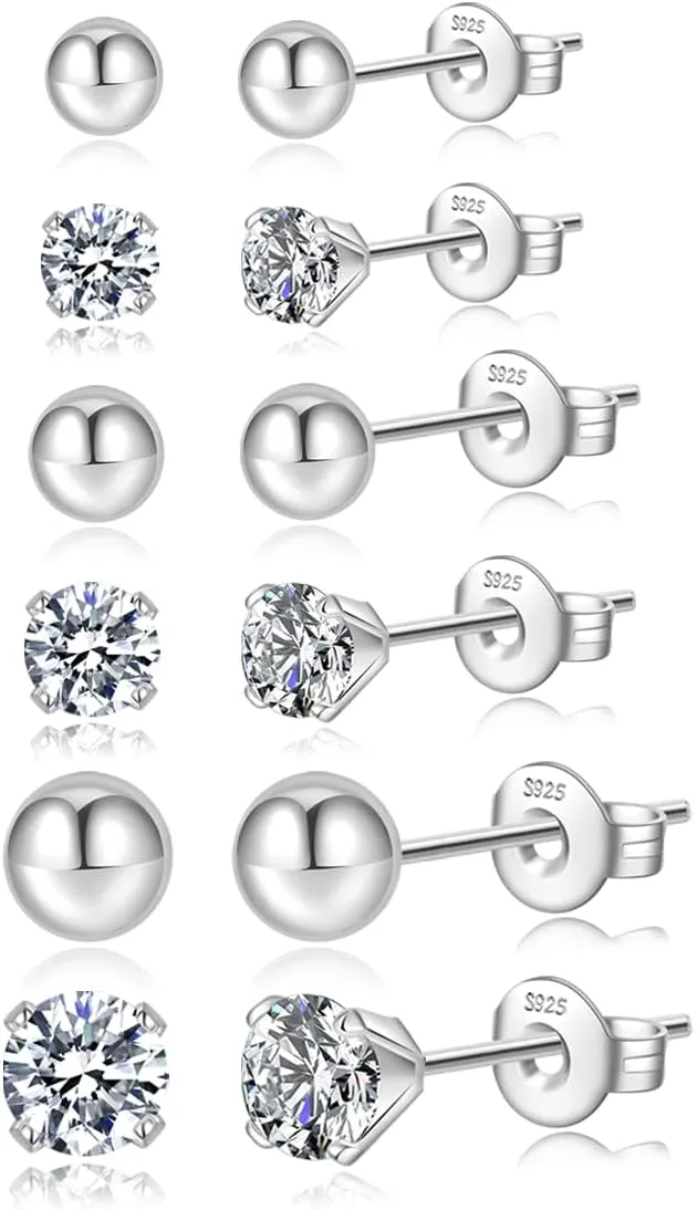 Silver Stud Earrings for Women Hypoallergenic 925 Sterling Silver Pearl Earrings Cubic Zirconia Ball Stud Earrings Set Dainty Earring Sets for Multiple Piercing