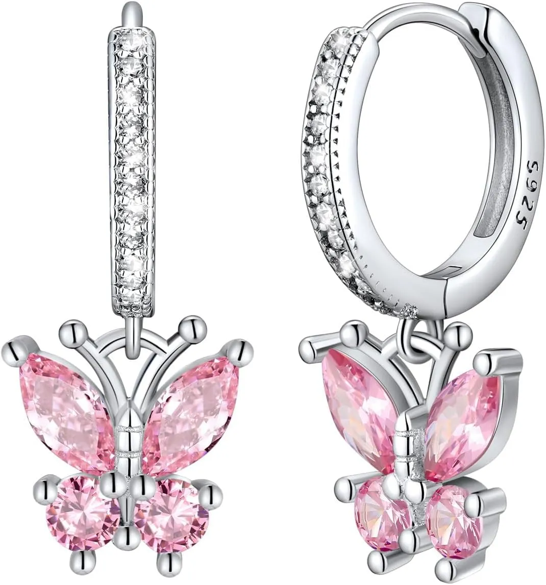 SILVERCUTE 925 Sterling Silver Butterfly Hoop Earrings - 12 Birthstone Butterfly Dangle Earrings, Cute Huggie Hoops Butterfly Jewelry for Women Teen Girls