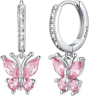 SILVERCUTE 925 Sterling Silver Butterfly Hoop Earrings - 12 Birthstone Butterfly Dangle Earrings, Cute Huggie Hoops Butterfly Jewelry for Women Teen Girls
