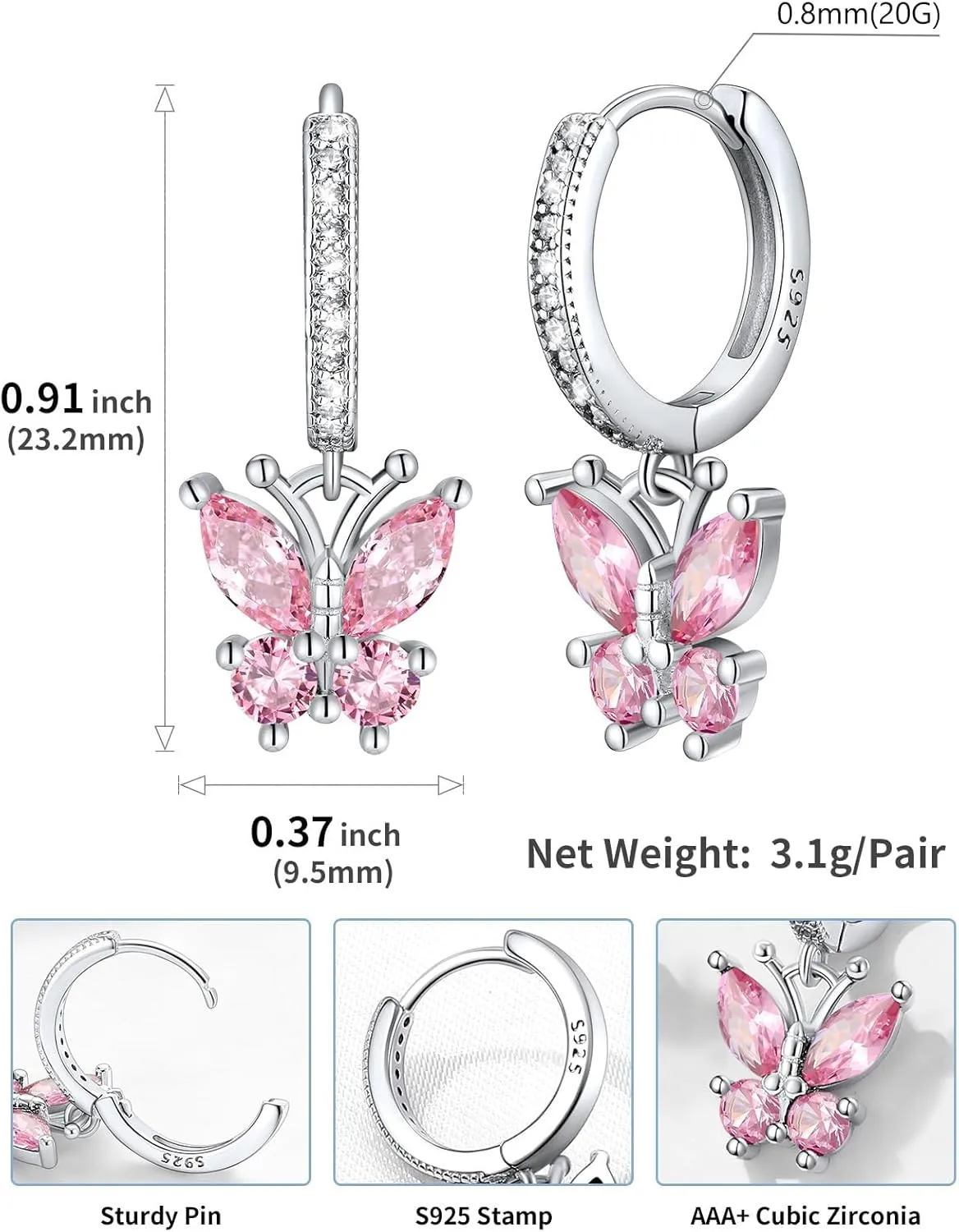 SILVERCUTE 925 Sterling Silver Butterfly Hoop Earrings - 12 Birthstone Butterfly Dangle Earrings, Cute Huggie Hoops Butterfly Jewelry for Women Teen Girls