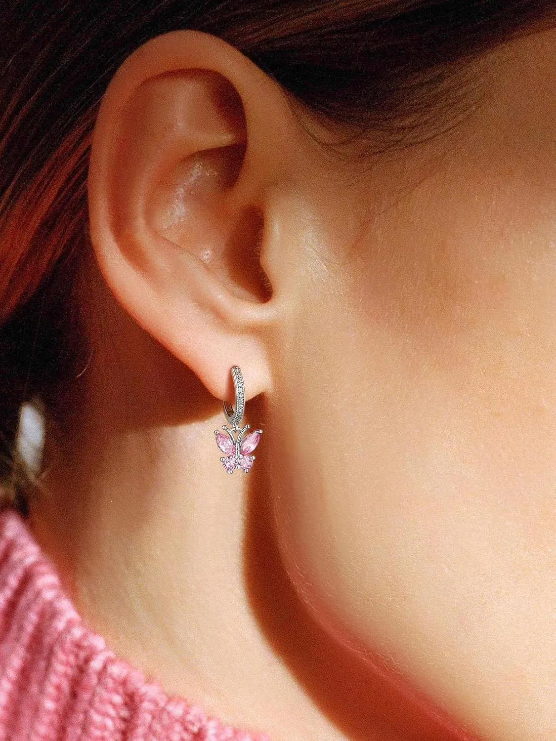 SILVERCUTE 925 Sterling Silver Butterfly Hoop Earrings - 12 Birthstone Butterfly Dangle Earrings, Cute Huggie Hoops Butterfly Jewelry for Women Teen Girls