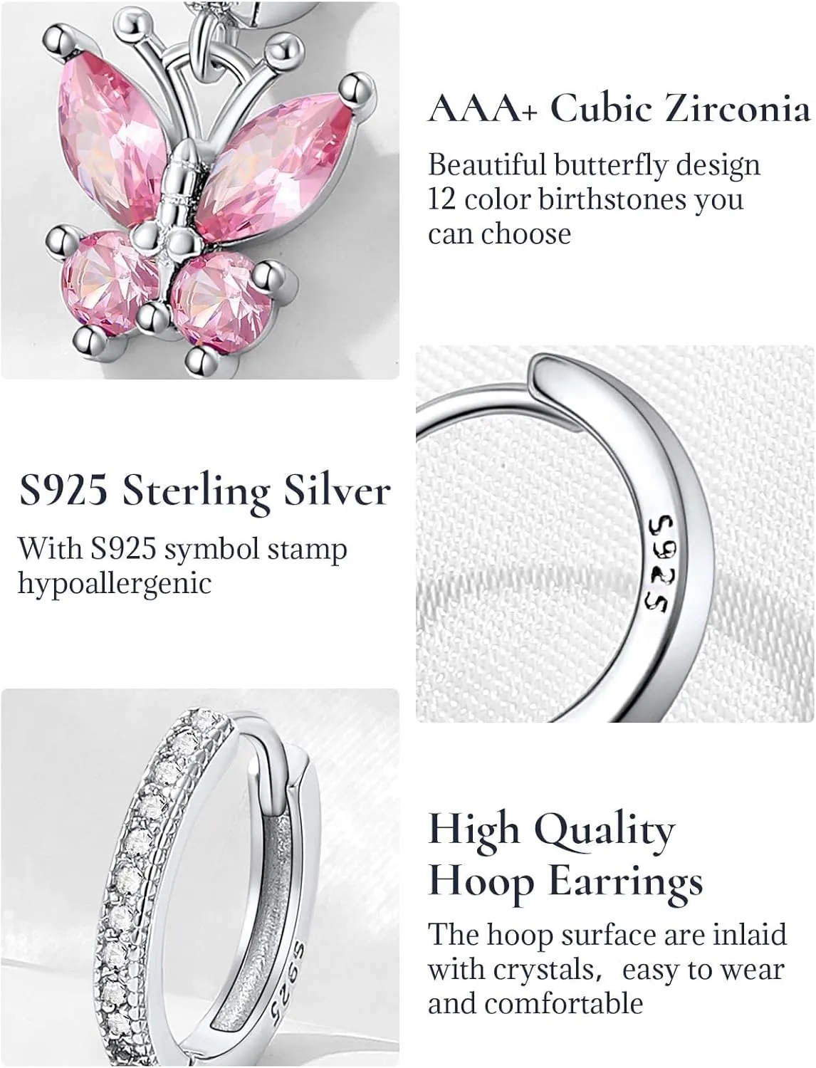 SILVERCUTE 925 Sterling Silver Butterfly Hoop Earrings - 12 Birthstone Butterfly Dangle Earrings, Cute Huggie Hoops Butterfly Jewelry for Women Teen Girls