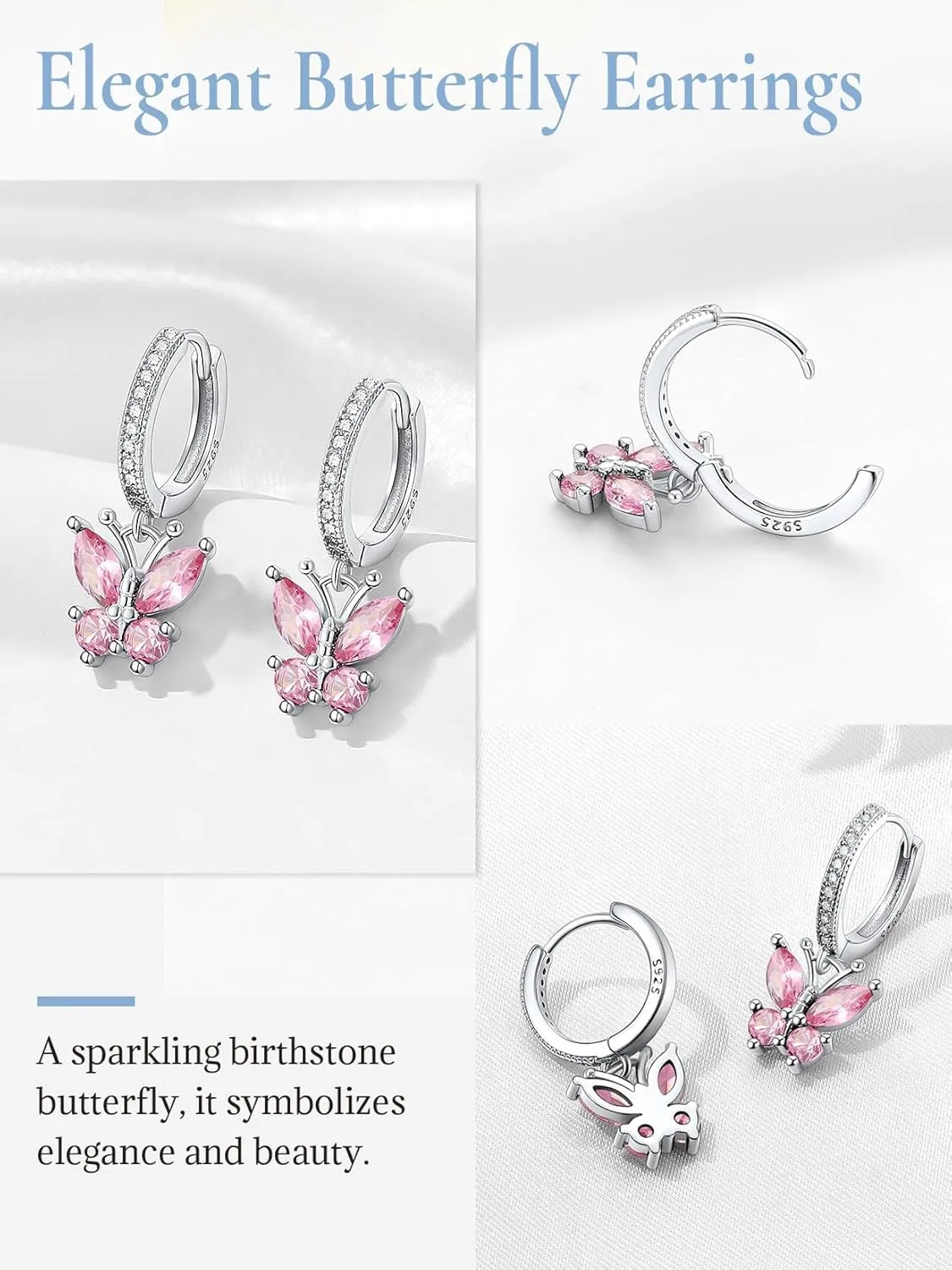 SILVERCUTE 925 Sterling Silver Butterfly Hoop Earrings - 12 Birthstone Butterfly Dangle Earrings, Cute Huggie Hoops Butterfly Jewelry for Women Teen Girls