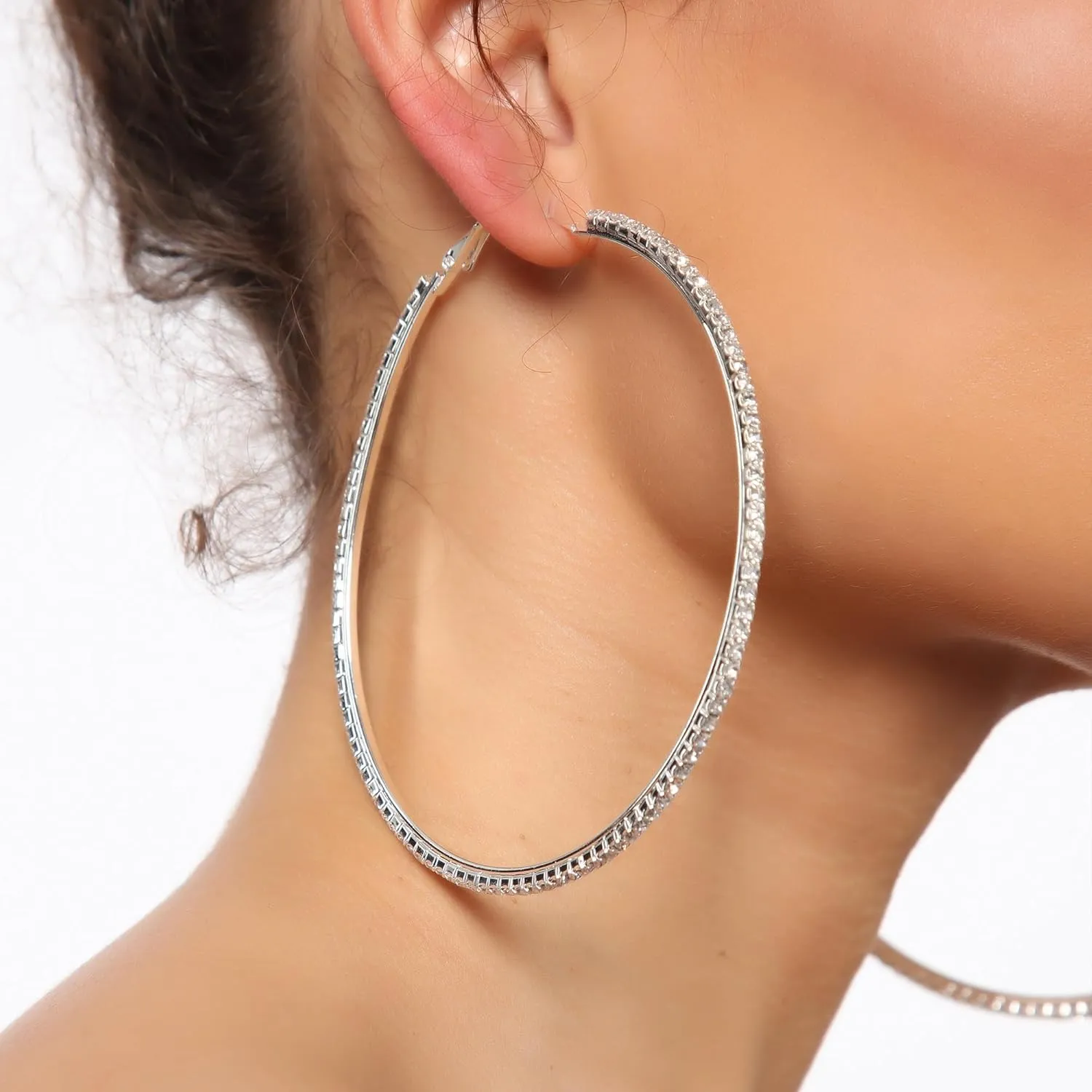 Silver/Gold Hoop Earrings Dainty Rhinestones Sparkly Cubic Zirconia Earrings Lightweight Round Hoops for Women 50/60mm Hypoallergenic Jewelry Gifts for Women
