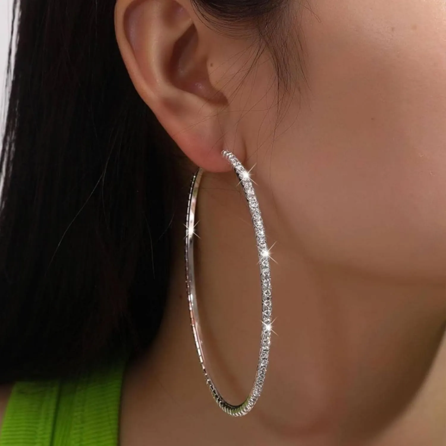 Silver/Gold Hoop Earrings Dainty Rhinestones Sparkly Cubic Zirconia Earrings Lightweight Round Hoops for Women 50/60mm Hypoallergenic Jewelry Gifts for Women