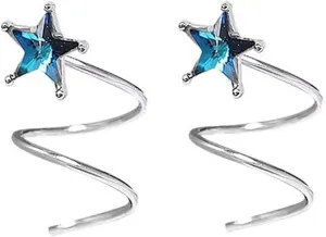 SLUYNZ 925 Sterling Silver Blue Crystal Star Earrings Cuff for Women Fashion Star Wrap Earrings