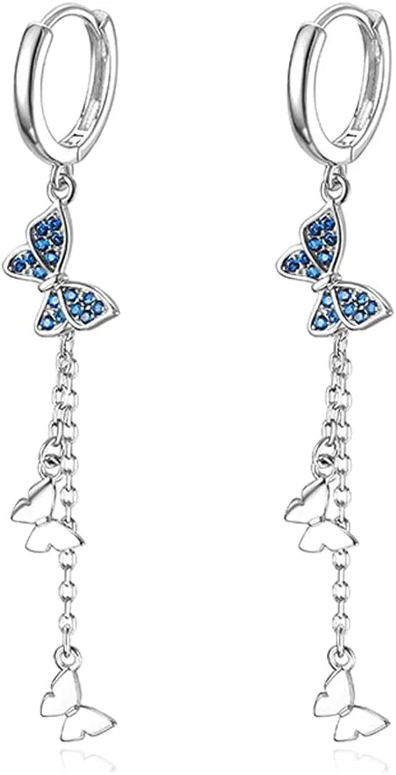 SLUYNZ 925 Sterling Silver Butterfly Dangle Earrings Tassel for Women CZ Butterfly Hoop Earrings Chain