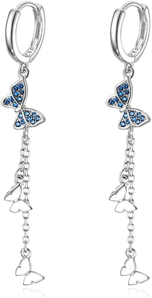SLUYNZ 925 Sterling Silver Butterfly Dangle Earrings Tassel for Women CZ Butterfly Hoop Earrings Chain