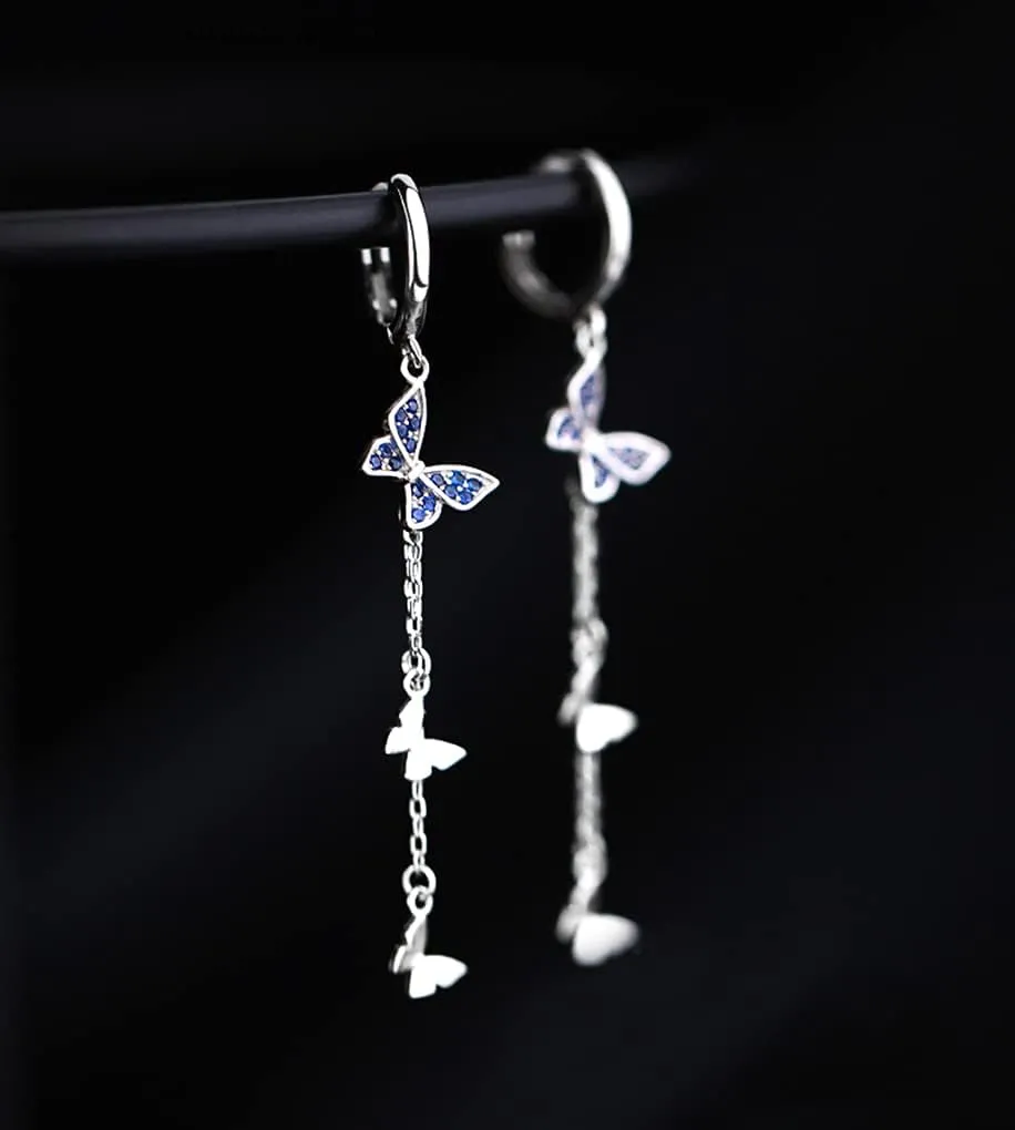 SLUYNZ 925 Sterling Silver Butterfly Dangle Earrings Tassel for Women CZ Butterfly Hoop Earrings Chain