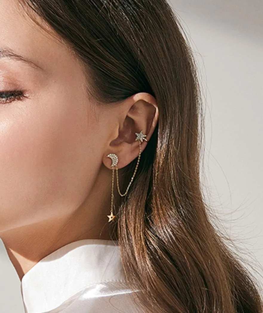 SLUYNZ 925 Sterling Silver Cuff Earrings Chain for Women Asymmetric Star Moon Earrings Crawler Dangling Chain