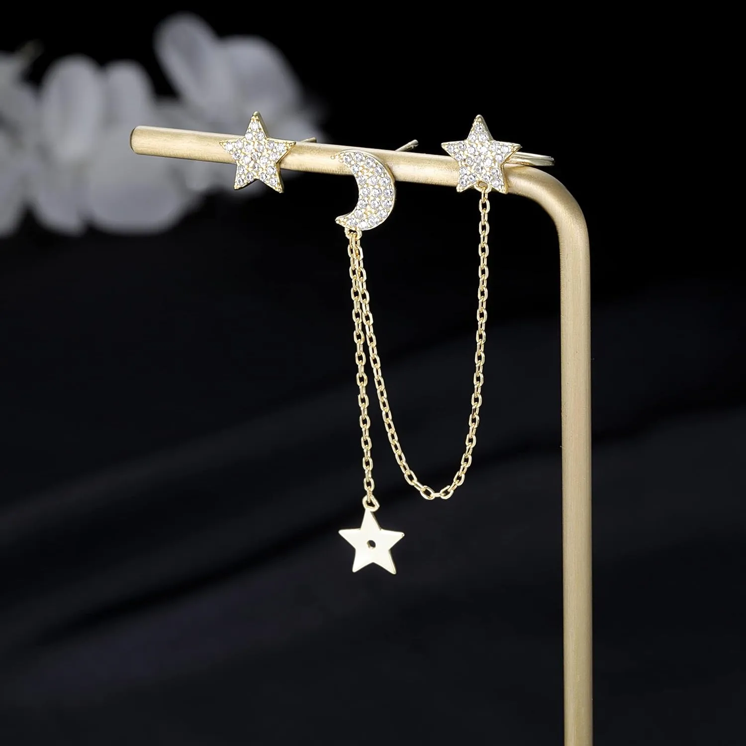 SLUYNZ 925 Sterling Silver Cuff Earrings Chain for Women Asymmetric Star Moon Earrings Crawler Dangling Chain