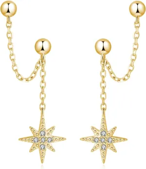 SLUYNZ 925 Sterling Silver Double Piercing Earrings Crawler Cuff for Women Double Holes Earrings Wrap Star Dangle Cartilage Helix Piercing Earrings