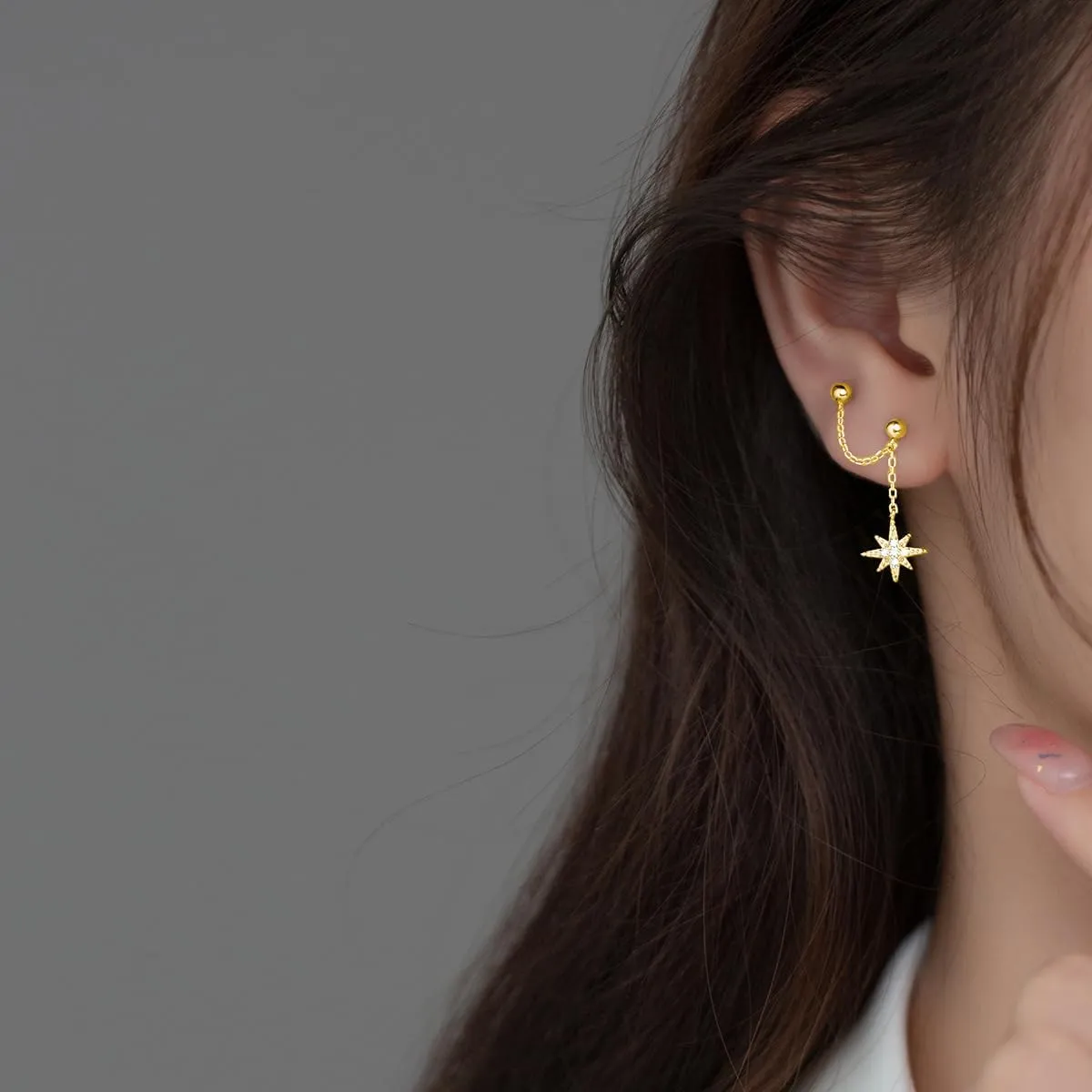 SLUYNZ 925 Sterling Silver Double Piercing Earrings Crawler Cuff for Women Double Holes Earrings Wrap Star Dangle Cartilage Helix Piercing Earrings