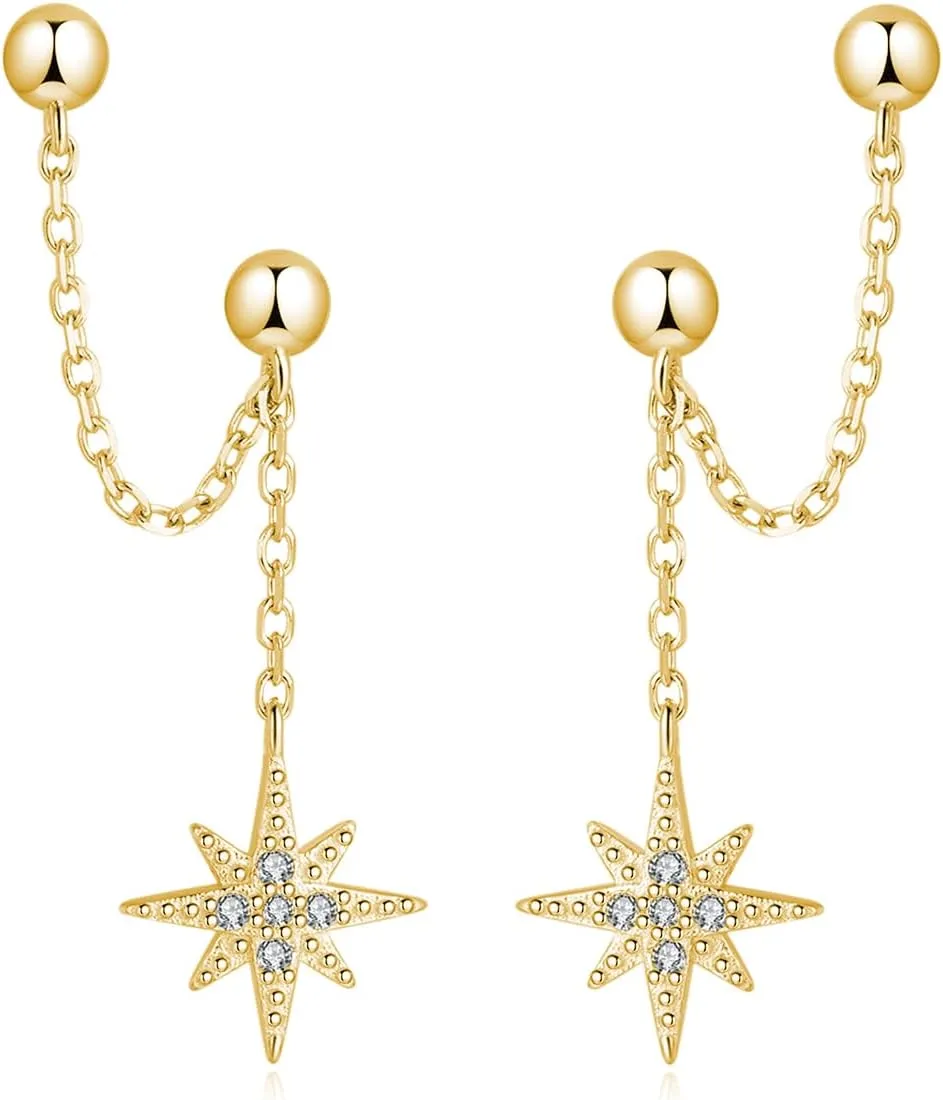 SLUYNZ 925 Sterling Silver Double Piercing Earrings Crawler Cuff for Women Double Holes Earrings Wrap Star Dangle Cartilage Helix Piercing Earrings