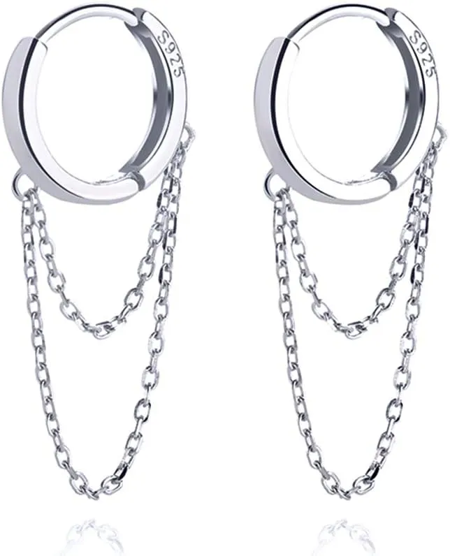 SLUYNZ 925 Sterling Silver Hoop Earrings for Women Teens Minimalist Hoop Earrings Huggie Dangle Chain Tassel